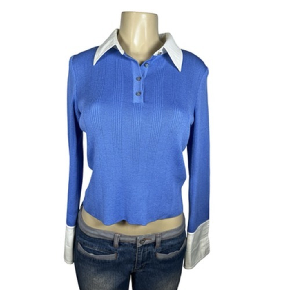 Vintage‎ St. John Sport Sweater Womens P Blue Contrast Collar Cuff Knit Y2K